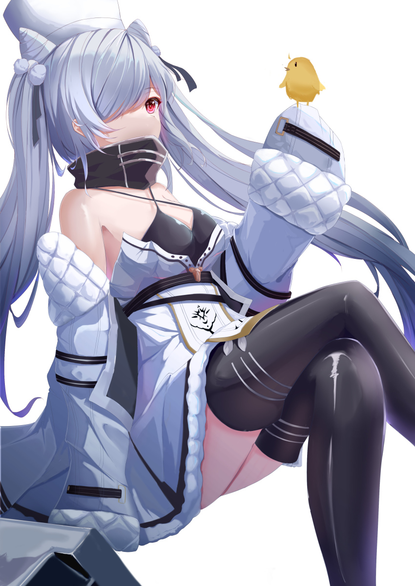 1girl absurdres azur_lane bare_shoulders black_footwear boots breasts coat_dress cone_hair_bun criss-cross_halter crossed_legs dress from_side fur-trimmed_dress fur_trim hair_bun hair_ornament hair_over_one_eye halterneck high_collar highres kiev_(azur_lane) manjuu_(azur_lane) one_eye_covered pom_pom_(clothes) pom_pom_hair_ornament simple_background sitting small_breasts solo thigh_boots thighhighs tnan twintails very_long_sleeves white_background white_hair