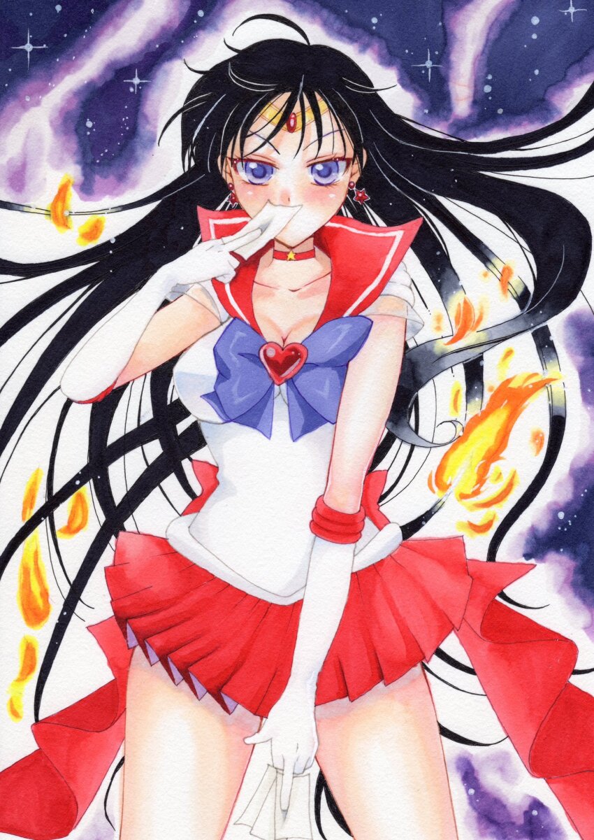 1girl bishoujo_senshi_sailor_moon black_hair blush earrings gloves highres hino_rei jewelry long_hair miniskirt purple_eyes saffron_factory sailor_mars skirt very_long_hair