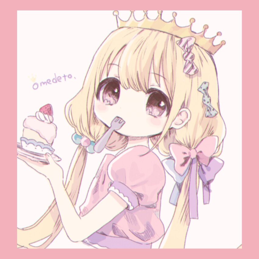 1girl blonde_hair blush cake comeco commentary_request crown dress flat_chest food fork futaba_anzu hair_ribbon highres idolmaster idolmaster_cinderella_girls looking_at_viewer low_twintails pink_dress pink_eyes princess ribbon solo twintails upper_body utensil_in_mouth