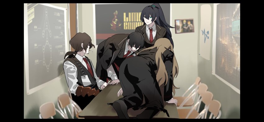 1girl 3boys all_fours black_coat black_hair black_pants black_vest brown_hair chainsaw_man chair closed_eyes coat collared_shirt folding_chair glasses gregor_(project_moon) half_updo highres hong_lu_(project_moon) kick_back_(song) lapels limbus_company long_hair long_sleeves low_ponytail multiple_boys necktie notched_lapels on_table open_mouth pants parody project_moon red_necktie rodion_(project_moon) shiba_prmn shirt smile table very_long_hair vest white_shirt yi_sang_(project_moon)