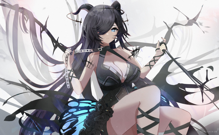 1girl absurdly_long_hair absurdres artist_name black_dress black_flower black_hair blue_eyes breasts bug butterfly butterfly_wings chain closed_mouth collarbone commentary dress english_commentary eyelashes flower frown hair_over_one_eye highres holding holding_chain horns insect insect_wings large_breasts long_hair low_wings namishiron original rose solo thighs very_long_hair wings