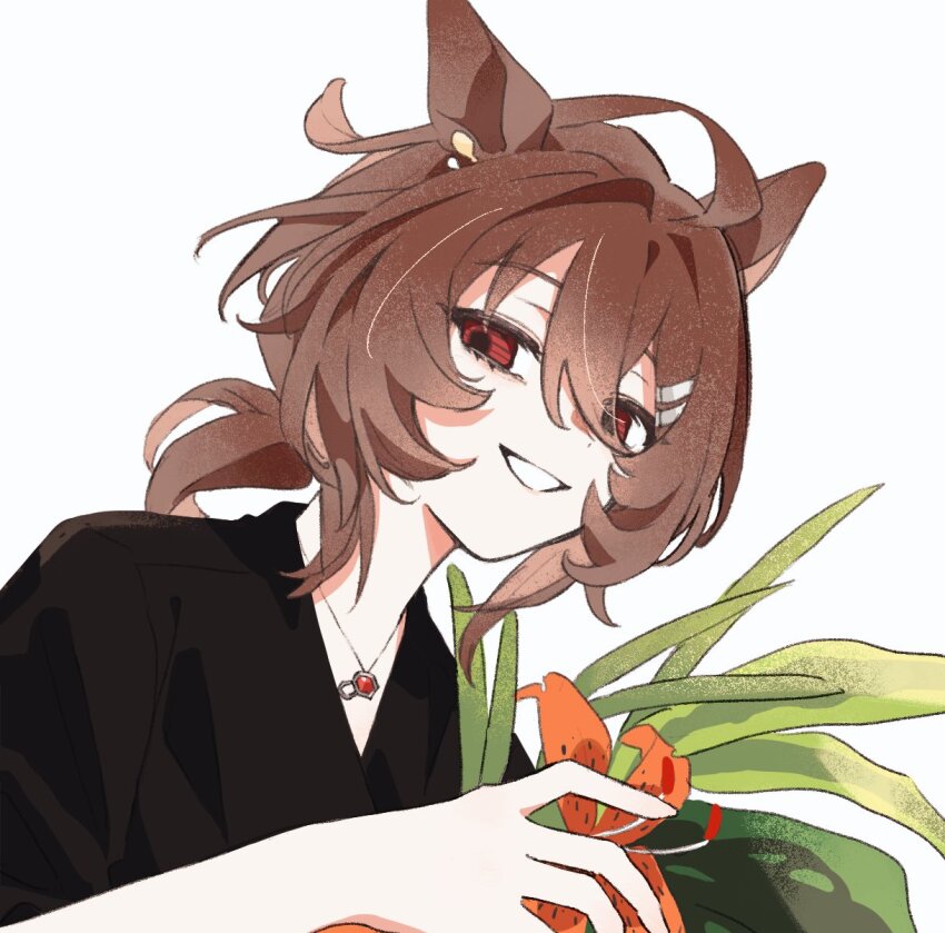 agnes_tachyon_(umamusume) ahoge animal_ears black_dress blank_eyes brown_hair doggwa dress flower hair_between_eyes highres holding holding_flower horse_ears horse_girl huge_ahoge jewelry lily_(flower) looking_at_viewer messy_hair necklace orange_flower parted_lips red_eyes short_hair short_ponytail short_sleeves simple_background smile tiger_lily umamusume white_background