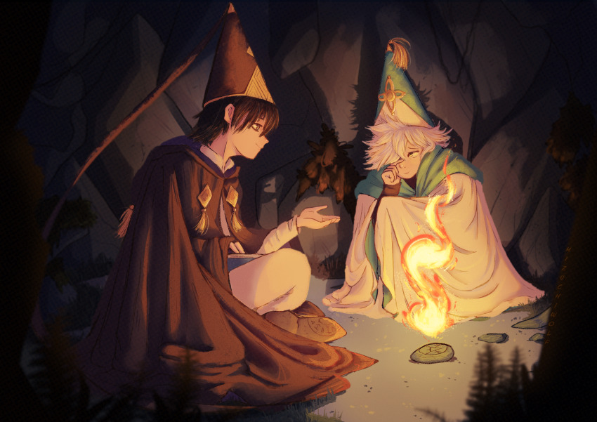 2boys absurdres black_hair book campfire cloak highres magic male_focus mantle medium_hair mizuchiwolf multiple_boys night non-web_source olruggio_(tongari_boushi_no_atelier) outdoors plant pointy_hat qifrey_(tongari_boushi_no_atelier) rock shoes sitting tongari_boushi_no_atelier white_hair