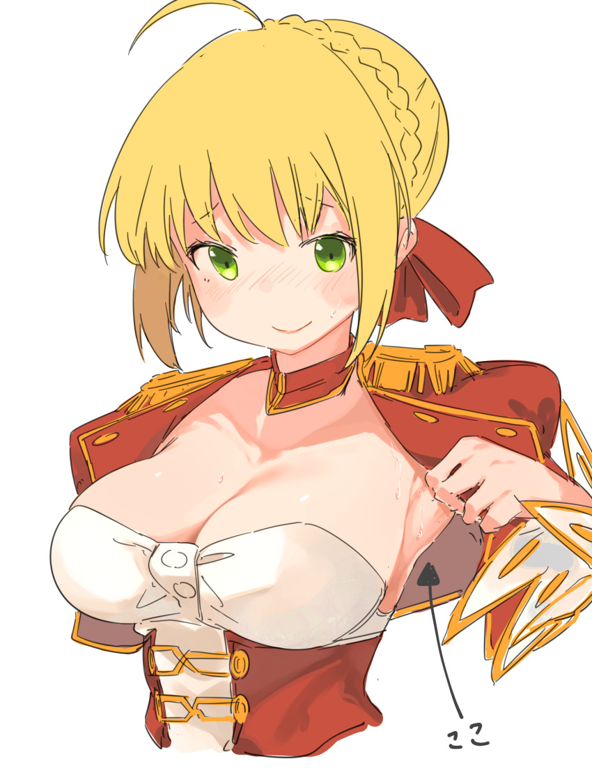 1girl ahoge armpits blonde_hair blush braid breasts cleavage clothes_pull detached_collar dress epaulettes fate/extra fate_(series) green_eyes hair_bun hair_intakes hair_ribbon highres juliet_sleeves kei_(soundcross) large_breasts long_hair long_sleeves looking_at_viewer nero_claudius_(fate) nero_claudius_(fate)_(all) nero_claudius_(fate/extra) puffy_sleeves red_dress red_ribbon ribbon smile solo