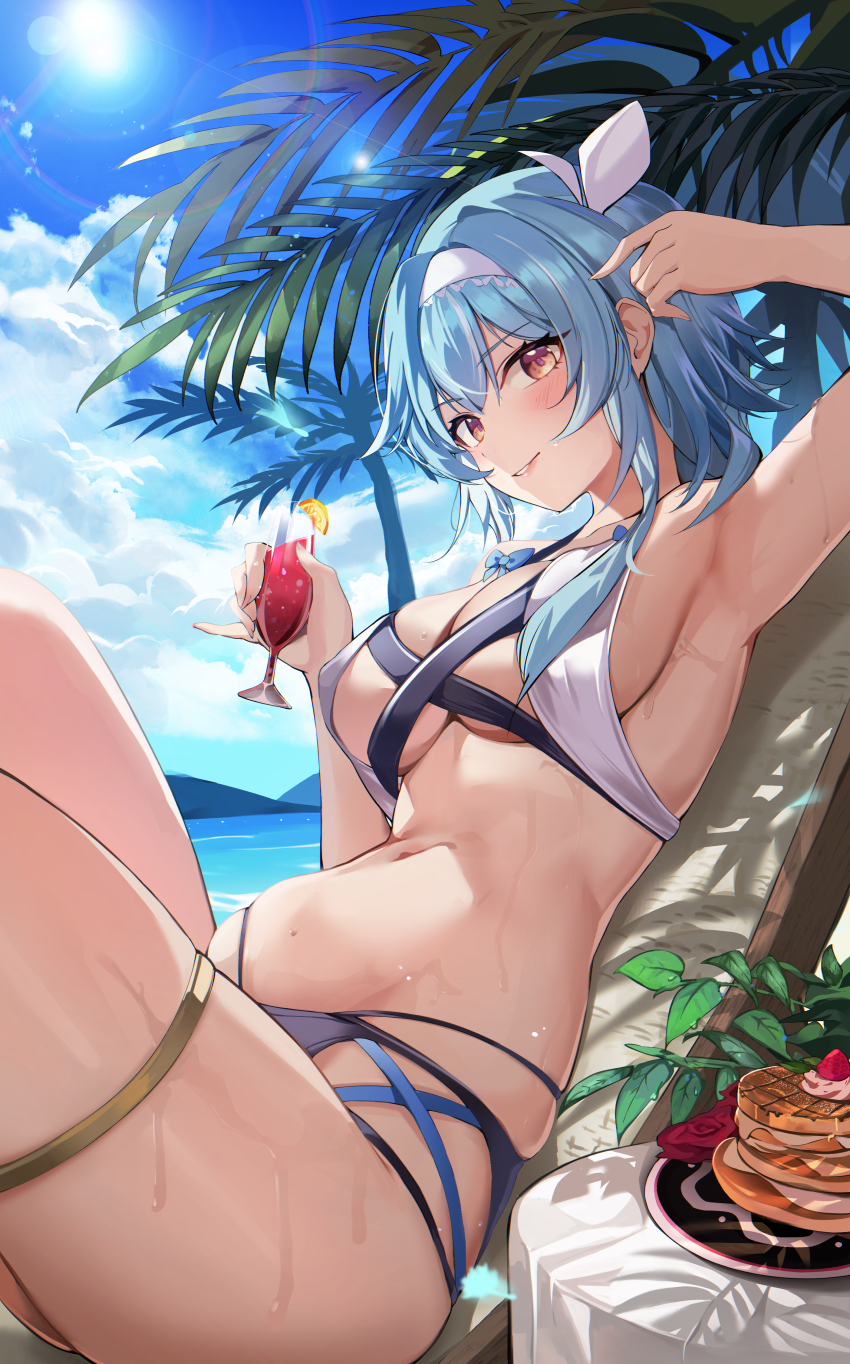 1girl absurdres alternate_costume arm_up armpits bikini black_bikini blue_hair blue_sky blush breasts chair cloud collarbone cowboy_shot cup day drink drinking_glass eula_(genshin_impact) food genshin_impact hair_between_eyes hairband hands_up hido_(cherryhido) highres holding holding_drink hurricane_glass knees_up large_breasts leaf looking_at_viewer lounge_chair lying medium_hair mountain navel ocean on_back palm_tree pancake pancake_stack parted_lips red_eyes sideboob sidelocks sitting sky sling_bikini_top solo stomach sunlight sweat swimsuit table thigh_strap thighs tree two-tone_bikini white_hairband