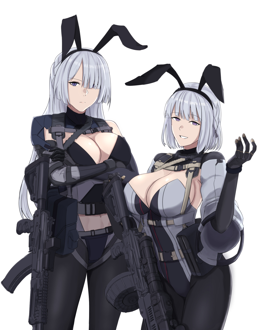 2girls ak-15 ak-15_(girls&#039;_frontline) animal_ears assault_rifle black_legwear black_leotard black_pants braid cyka drum_magazine fake_animal_ears girls&#039;_frontline gun hair_over_one_eye highres kalashnikov_rifle leotard light_machine_gun long_hair machine_gun magazine_(weapon) multiple_girls pants pantyhose purple_eyes rabbit_ears rifle rpk rpk-16 rpk-16_(girls&#039;_frontline) short_hair silver_hair weapon