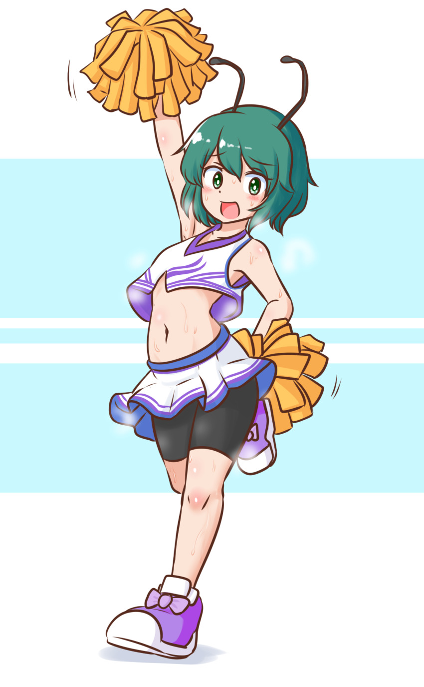 1girl :d alternate_costume antennae bike_shorts bike_shorts_under_skirt black_shorts bow cheerleader commentary_request commission crop_top full_body green_eyes green_hair highres holding holding_pom_poms leg_up looking_at_viewer miniskirt mizusoba open_mouth pom_pom_(cheerleading) pom_poms purple_bow purple_footwear short_hair shorts skeb_commission skirt smile solo touhou white_skirt wriggle_nightbug