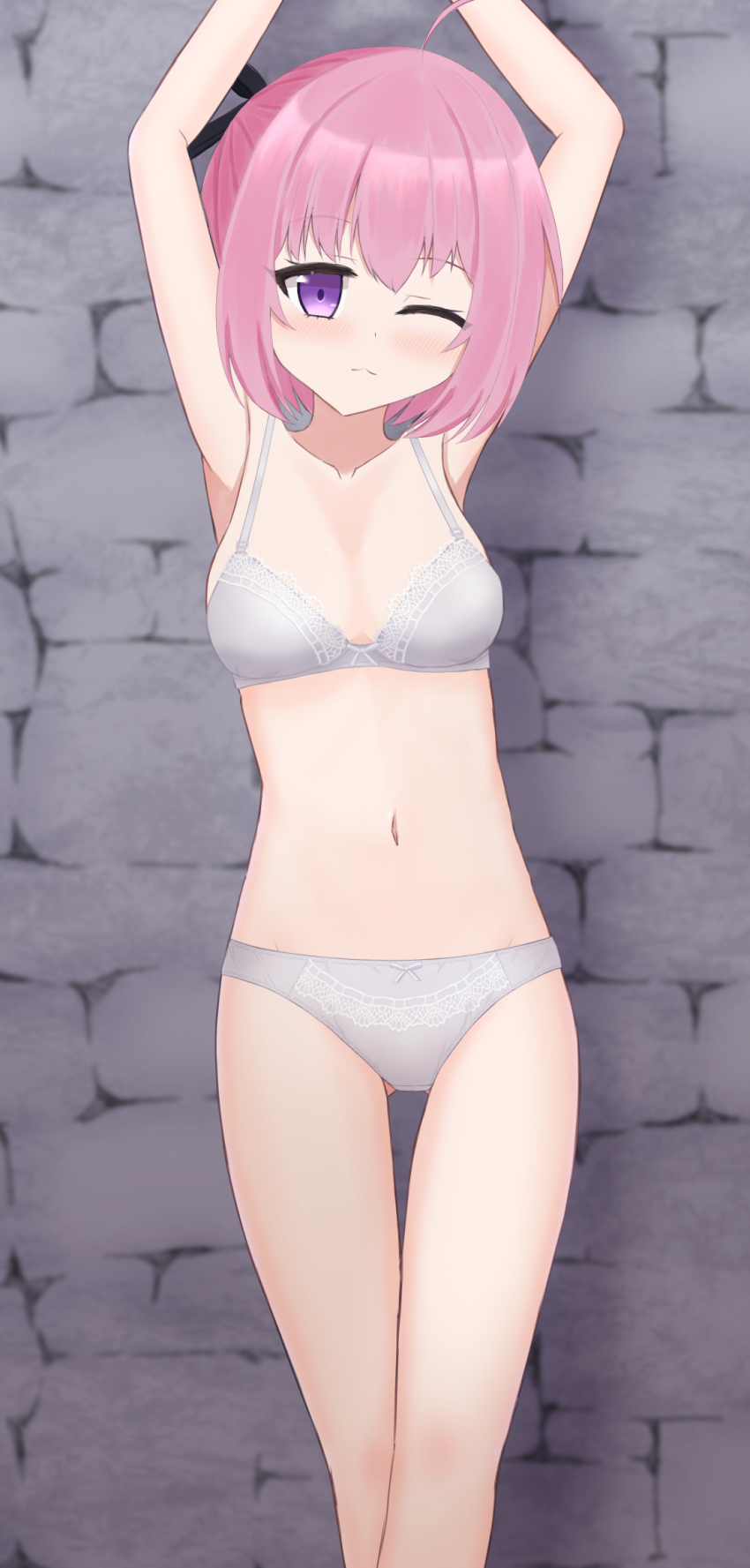 1girl :3 ahoge black_ribbon blush bound bound_wrists bow bow_bra bow_panties bra breasts choujin_koukousei-tachi_wa_isekai_demo_yoyuu_de_ikinuku_you_desu! cleavage collarbone grey_bow grey_bra grey_panties hair_ribbon looking_at_viewer medium_breasts navel one_eye_closed panties pink_hair purple_eyes ribbon sarutobi_shinobu shooko short_hair smile standing underwear wink