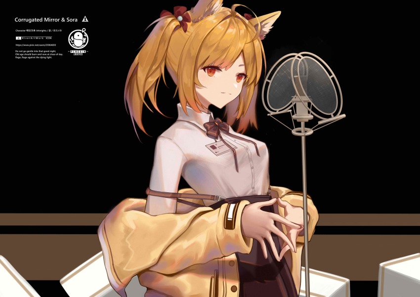 1girl absurdres ahoge alternate_costume animal_ears arknights black_skirt blonde_hair commentary highres jacket long_sleeves looking_at_viewer off_shoulder open_clothes open_jacket own_hands_together penguin_logistics_logo red_eyes river_(river_ga) shirt short_hair skirt solo sora_(arknights) steepled_fingers twintails upper_body white_shirt wolf_ears yellow_jacket