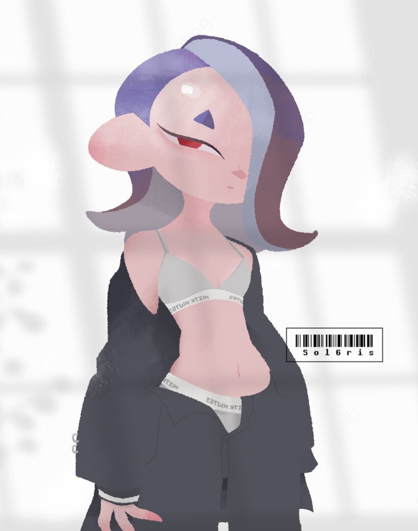 1girl alternate_costume barcode blue_hair breasts calvin_klein cowboy_shot formal_clothes hair_over_one_eye logo_parody looking_at_viewer navel nintendo off_shoulder open_clothes red_eyes shiver_(splatoon) small_breasts sol6ris solo splatoon_(series) splatoon_3 suit tentacle_hair unbuttoned unbuttoned_shirt underwear unzipped