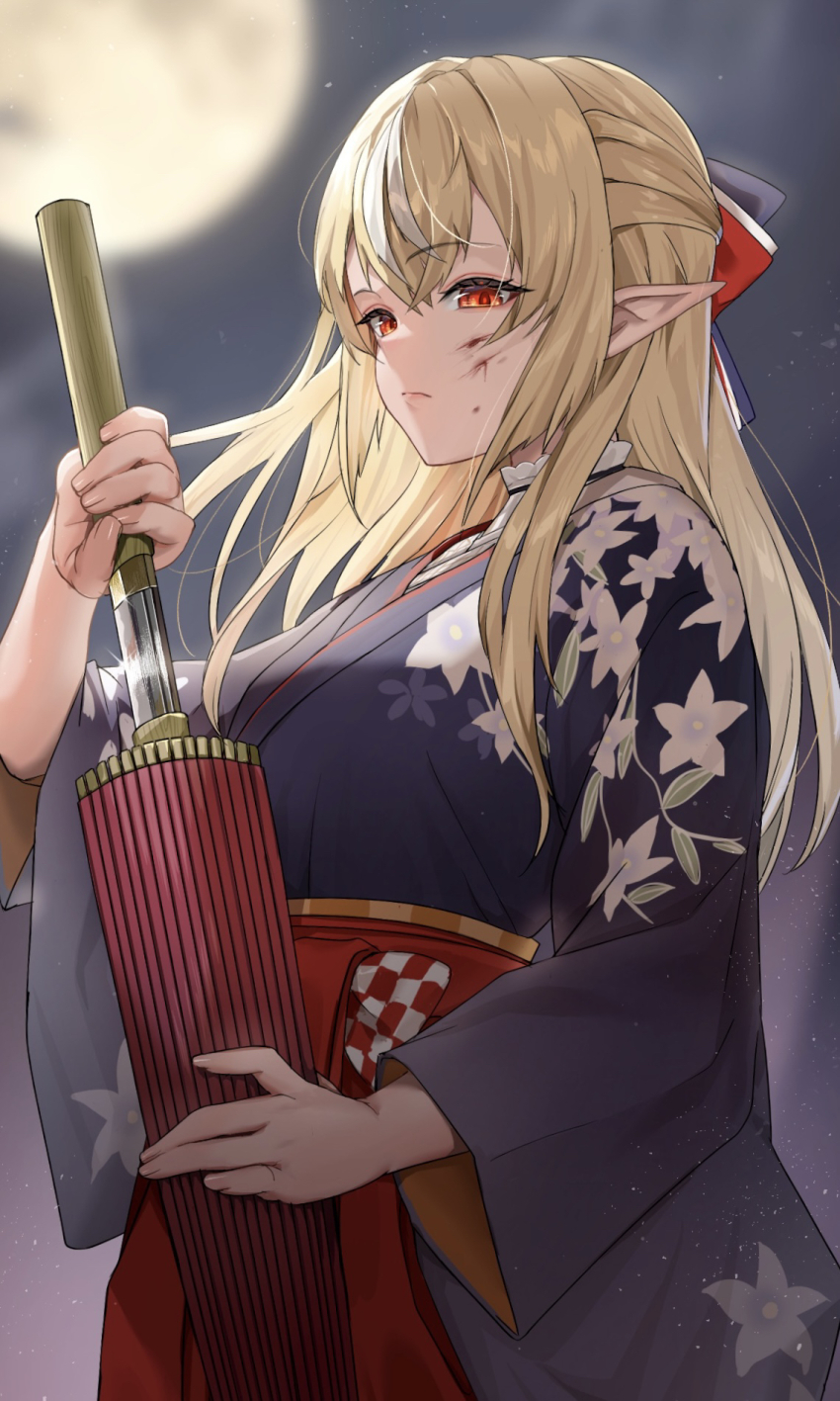 1girl blonde_hair blood blood_on_face blood_stain blue_kimono blurry blurry_background closed_mouth collared_shirt commentary_request concealed_weapon drawing_sword elf floral_print floral_print_kimono frilled_shirt_collar frills full_moon furisode hakama hakama_skirt half_updo highres holding holding_sword holding_umbrella holding_weapon hololive japanese_clothes kimono long_hair monokawa_(iurl1z) moon multicolored_hair night official_alternate_costume official_alternate_hairstyle oil-paper_umbrella outdoors pointy_ears red_hakama shiranui_flare shiranui_flare_(new_year) shirt sidelocks skirt sleeves_past_elbows solo standing streaked_hair sword umbrella umbrella_sword undershirt virtual_youtuber weapon white_hair white_shirt wide_sleeves