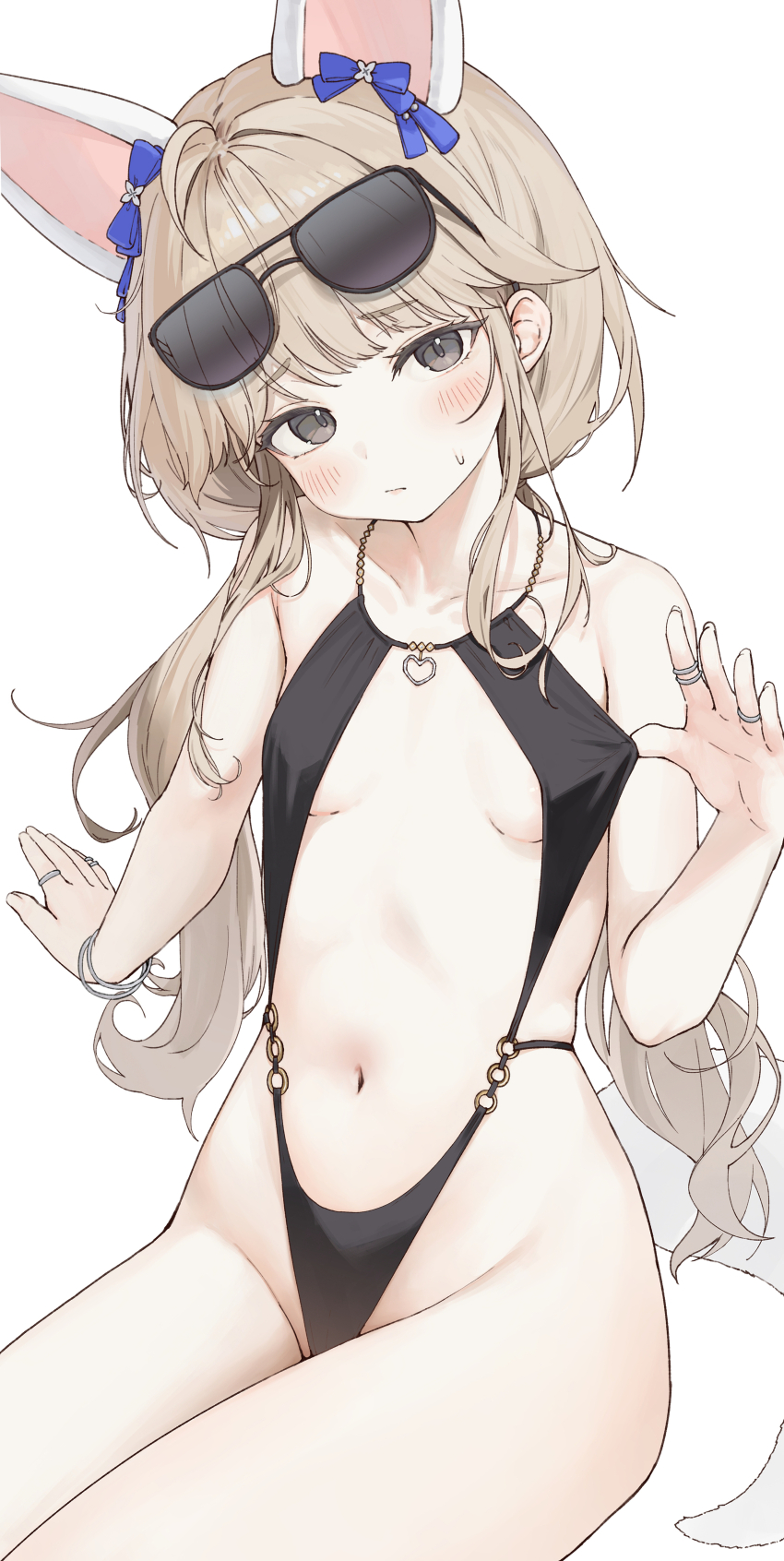 1girl aak absurdres animal_ears arm_support black_eyes black_one-piece_swimsuit blonde_hair blue_bow blush bow bracelet breasts clothes_pull collarbone head_tilt heart heart_necklace highres jewelry long_hair lost_ark navel necklace o-ring o-ring_swimsuit one-piece_swimsuit one-piece_swimsuit_pull ring sideboob sitting small_breasts stomach sunglasses sweatdrop swimsuit thighs underboob