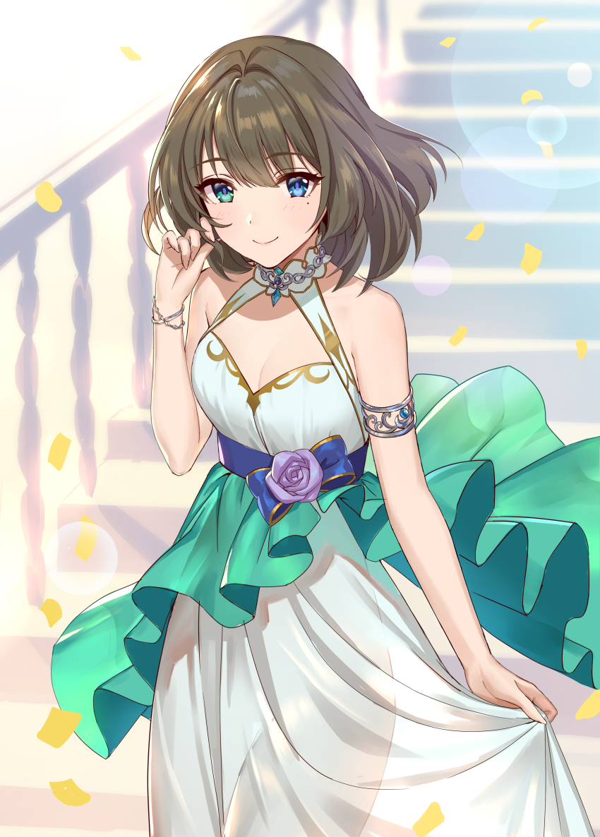 1girl absurdres armlet bare_shoulders blue_eyes bracelet breasts brown_hair cleavage confetti dress female_focus flower green_dress green_eyes hand_in_own_hair heterochromia highres idolmaster idolmaster_cinderella_girls jewelry looking_at_viewer medium_breasts mole mole_under_eye rose see-through_clothes see-through_silhouette short_hair smile solo stairs swept_bangs takagaki_kaede teffish