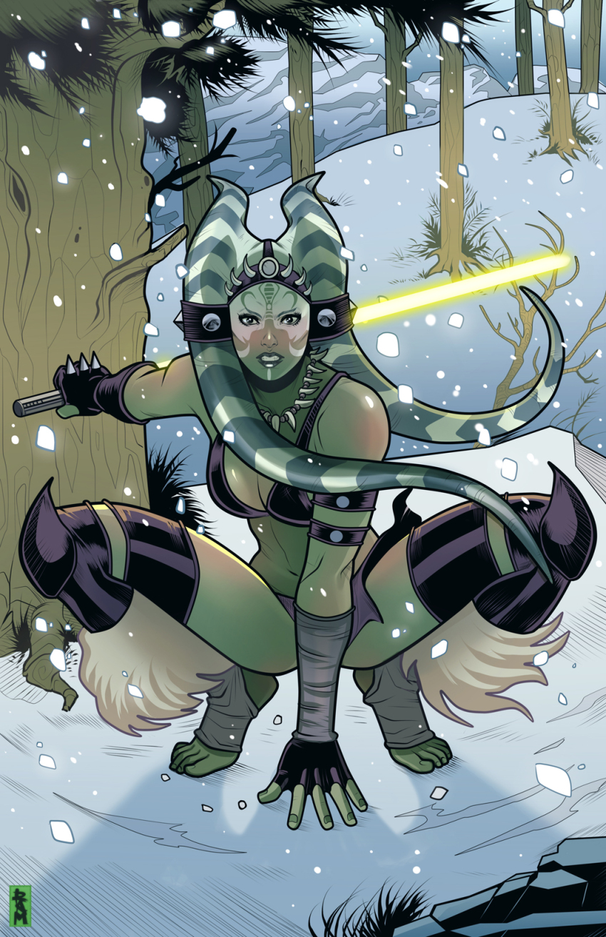 1girl alien energy_sword facepaint fingerless_gloves gloves highres holding holding_sword holding_weapon lightsaber outdoors ram_(ram80) reverse_grip snow snowing solo spread_legs squatting star_wars sword togruta tree weapon yellow_lightsaber