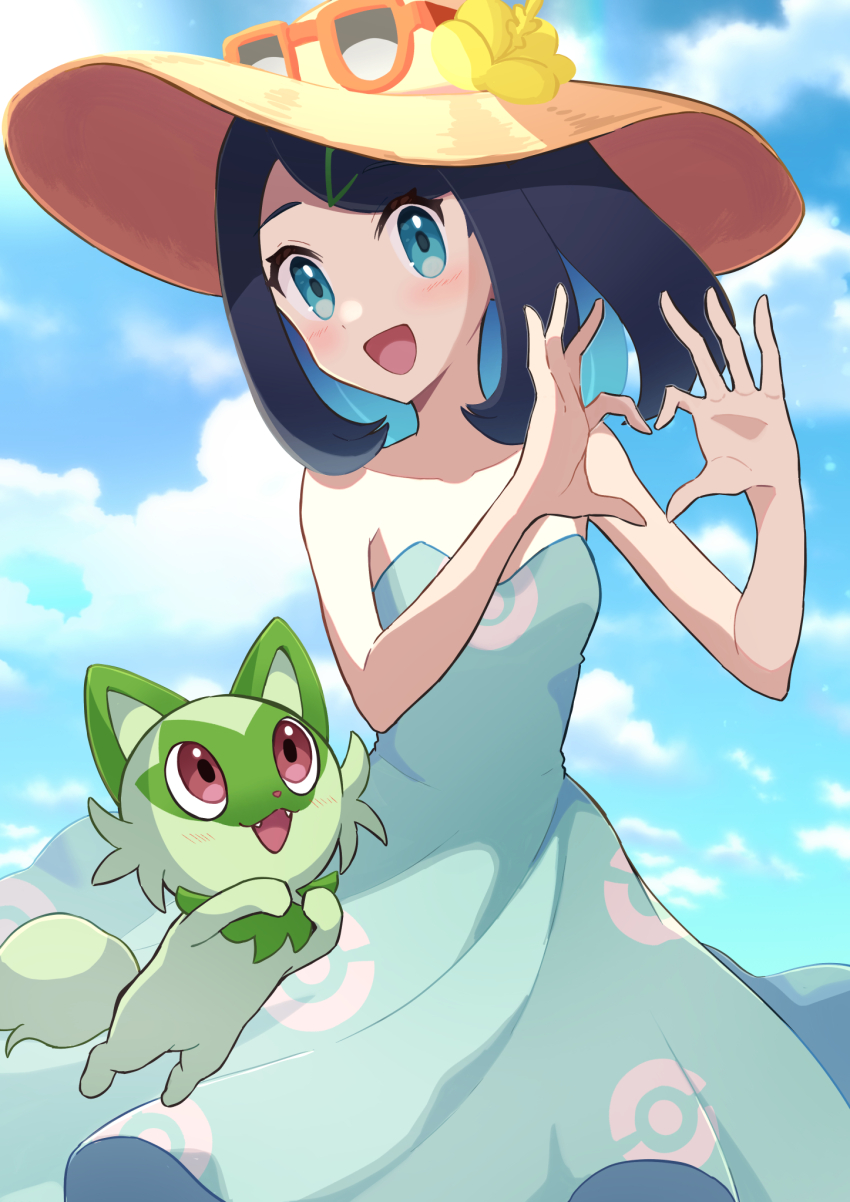 1girl bare_shoulders black_hair blue_dress blue_eyes blue_hair blue_sky breasts cloud colored_inner_hair cosplay creatures_(company) dress eyewear_on_headwear feet_out_of_frame flower game_freak hair_ornament haru_(haruxxe) hat hat_flower heart heart_hands highres liko_(pokemon) looking_at_viewer medium_hair multicolored_hair nintendo open_mouth orange-framed_eyewear orange_headwear patterned_clothing pokemon pokemon_(anime) pokemon_(creature) pokemon_horizons pokemon_sm sightseer_(pokemon) sightseer_(pokemon)_(cosplay) sky sleeveless sleeveless_dress small_breasts sprigatito strapless strapless_dress sun_hat sunglasses two-tone_hair yellow_flower