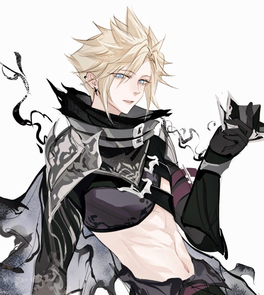 1boy armor black_gloves blonde_hair blue_eyes cape cloud_strife cloud_strife_(bahamut_garb) crop_top final_fantasy final_fantasy_vii final_fantasy_vii_ever_crisis gloves highres looking_at_viewer male_focus midriff navel official_alternate_costume parted_bangs parted_lips prototype_design short_hair shoulder_armor solo spiked_hair upper_body white_background wxdctc