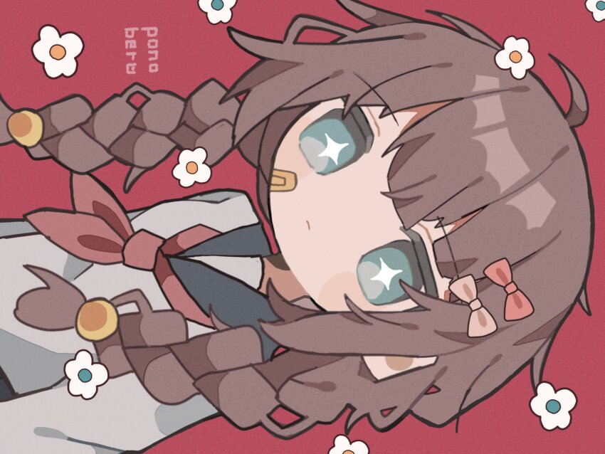 1girl aqua_eyes artist_name bandaid bandaid_on_cheek bandaid_on_face bow braid brown_hair closed_mouth flower grey_sailor_collar hair_bow highres long_hair looking_at_viewer neckerchief original ponoberu_(ponopi) red_background red_neckerchief sailor_collar school_uniform serafuku sideways simple_background solo twin_braids upper_body white_flower