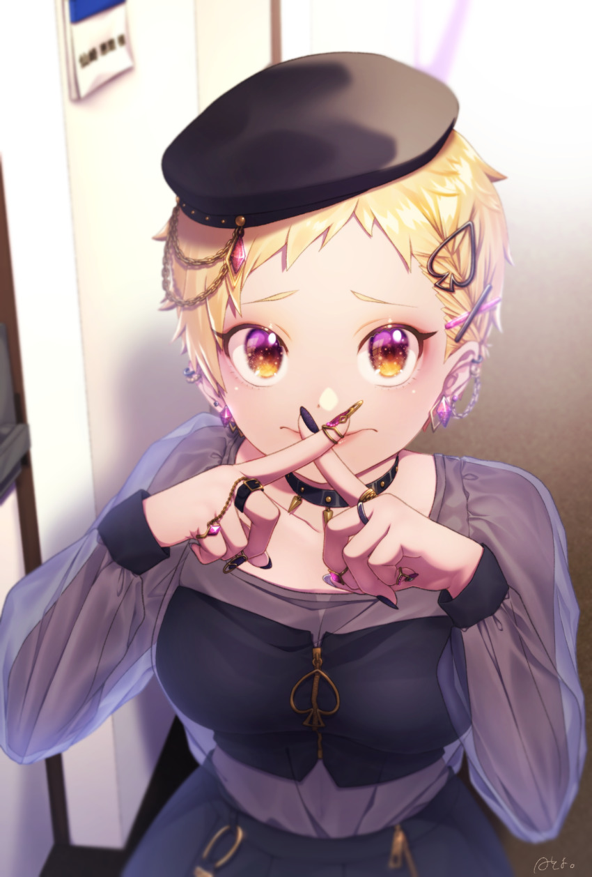 1girl black_hat black_nails blonde_hair crossed_fingers earrings hair_ornament hairclip hat highres idolmaster idolmaster_cinderella_girls indoors jewelry long_sleeves looking_at_viewer nail_polish ring see-through_clothes senzaki_ema short_hair signature smile solo spade_hair_ornament taidanotori upper_body x_fingers