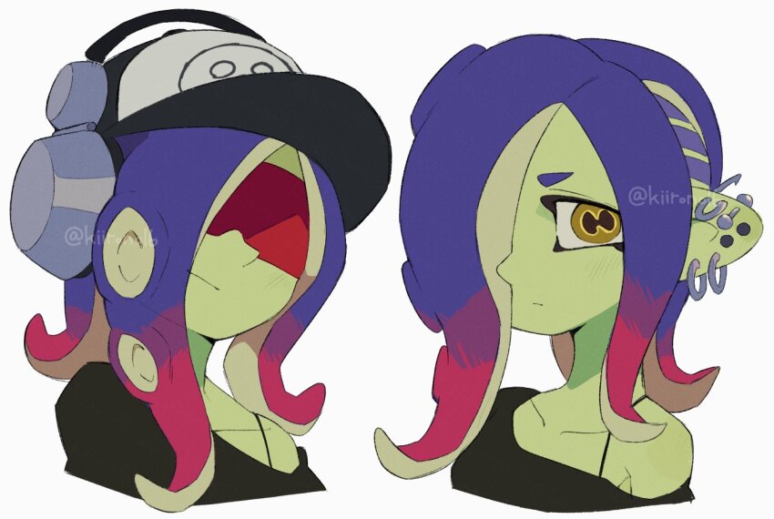 1girl artist_name baseball_cap black_dress black_hat blue_hair cephalopod_eyes closed_mouth collarbone colored_skin commentary_request cropped_shoulders dedf1sh dress earrings green_skin hair_over_one_eye hat headphones headphones_over_headwear horizontal_pupils jewelry kiirono medium_hair multicolored_hair multiple_earrings multiple_views nintendo octoling off-shoulder_dress off_shoulder one_eye_covered red-tinted_eyewear red_hair sanitized_(splatoon) simple_background single_bare_shoulder splatoon_(series) sunglasses tentacle_hair tinted_eyewear two-tone_hair watermark white_background yellow_eyes