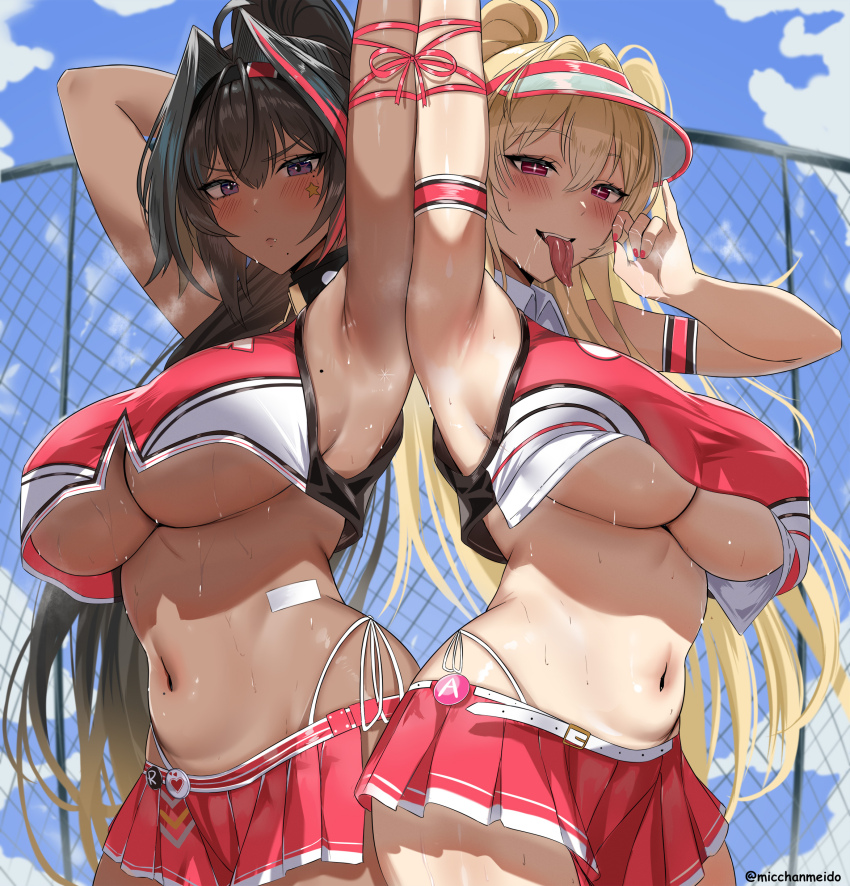 2girls absurdres armband armpits bay_(nikke) belt black_shirt blonde_hair blue_sky blush breasts chain-link_fence cheerleader clay_(nikke) cloud commentary dark-skinned_female dark_skin day drooling english_commentary fang fang_out fellatio_gesture fence goddess_of_victory:_nikke gradient_hair hair_intakes heavy_breathing high_ponytail highleg highleg_panties highres long_hair looking_at_viewer micchan_(micchanmeido) mole mole_on_breast mole_on_stomach mole_under_eye multicolored_hair multicolored_shirt multiple_girls nail_polish naughty_face navel outdoors panties pleated_skirt presenting_armpit purple_eyes red_armband red_belt red_ribbon red_shirt red_skirt ribbon saliva shirt side-tie_panties skirt sky sleeveless sleeveless_shirt sparkling_eyes star_(symbol) streaked_hair sweat tongue tongue_out twitter_username underboob underwear v-shaped_eyebrows very_long_hair visor_cap white_shirt