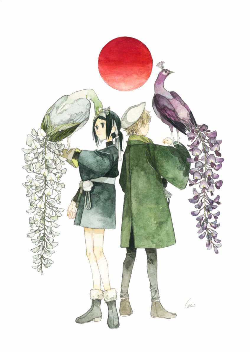 1boy 1girl animal_on_arm bird bird_on_arm black_eyes black_footwear black_hair blonde_hair brown_footwear commentary_request facing_away flower full_body highres kamura_gimi long_sleeves original peacock ponytail purple_flower red_circle short_hair simple_background standing white_background white_flower