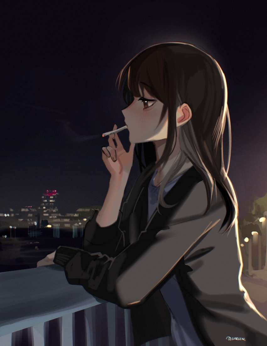 1girl aegyo_sal against_railing black_hair black_jacket brown_eyes building cigarette city commentary_request from_side highres jacket night original railing russian_commentary sakichka signature smoking solo tree upper_body