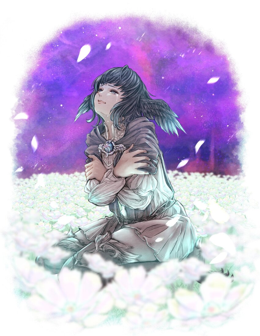 1girl bird_girl bird_legs bird_wings black_hair blue_eyes border brooch capelet clenched_teeth collared_dress crossed_arms crying crying_with_eyes_open dress elpis_flower falling_petals field final_fantasy final_fantasy_xiv flower flower_field from_side full_body grey_capelet head_wings highres jewelry looking_up mcarkp_ff meteion petals purple_sky round_border seiza self_hug short_hair sitting sky solo tears teeth white_border white_dress white_flower wings