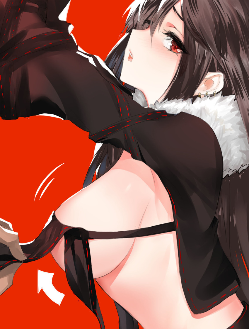 1girl areola_slip arms_up arrow_(symbol) black_hair blush breasts ear_piercing fate/grand_order fate_(series) from_side fur_trim hair_between_eyes highres large_breasts leaning_forward long_hair long_sleeves looking_at_viewer looking_to_the_side motion_lines nose_blush open_mouth pd_(pdpdlv1) piercing profile red_background red_eyes revealing_clothes ribbon_trim shrug_(clothing) sideways_glance simple_background solo_focus upper_body yu_mei-ren_(fate) yu_mei-ren_(third_ascension)_(fate)