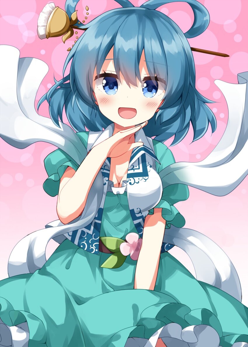 1girl :d blue_eyes blue_hair blush breasts cleavage commentary cowboy_shot dress frilled_dress frills gradient_background green_dress hair_between_eyes hair_ornament hair_rings hair_stick hand_up highres kaku_seiga looking_at_viewer medium_breasts open_mouth pink_background puffy_short_sleeves puffy_sleeves ruu_(tksymkw) shawl short_hair short_sleeves smile solo touhou white_background