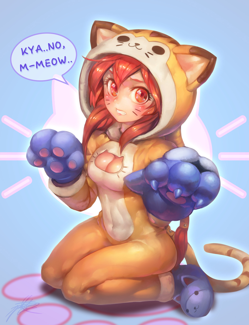 1girl alternate_costume animal_ears animal_hands blush breasts cat_ears cat_lingerie cleavage cleavage_cutout clothing_cutout facial_mark full_body gloves highres league_of_legends maokai meme_attire paw_gloves phantom_ix_row red_eyes red_hair shiny_skin shyvana sitting skin_tight solo tail whisker_markings