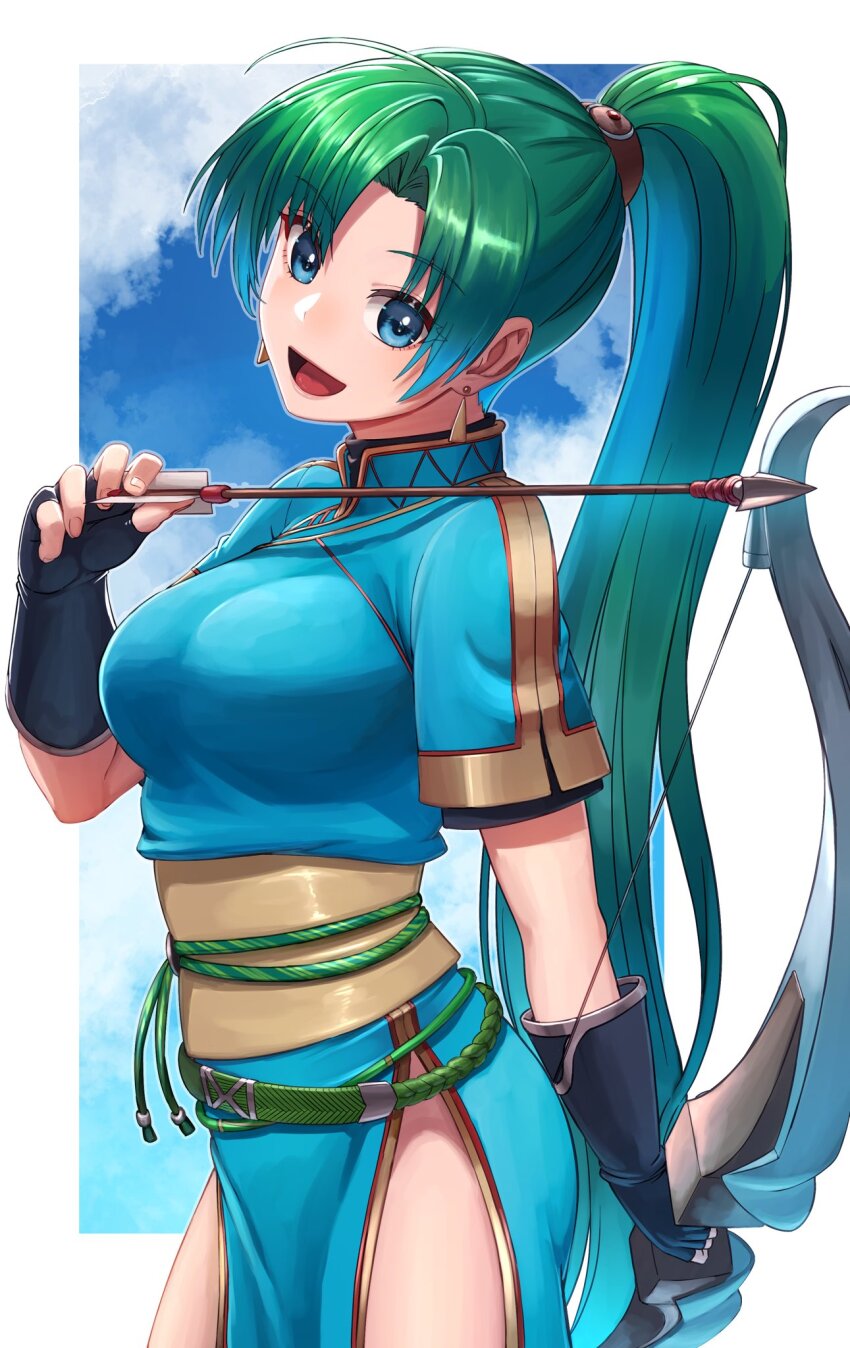 1girl :d aduti_momoyama arrow_(projectile) black_gloves blue_dress blue_eyes bow_(weapon) breasts commentary_request cowboy_shot dress earrings fingerless_gloves fire_emblem fire_emblem:_the_blazing_blade fire_emblem_engage fire_emblem_heroes gloves green_hair highres holding holding_arrow holding_bow_(weapon) holding_weapon jewelry large_breasts long_hair looking_at_viewer lyn_(fire_emblem) nintendo open_mouth ponytail short_sleeves smile solo very_long_hair weapon