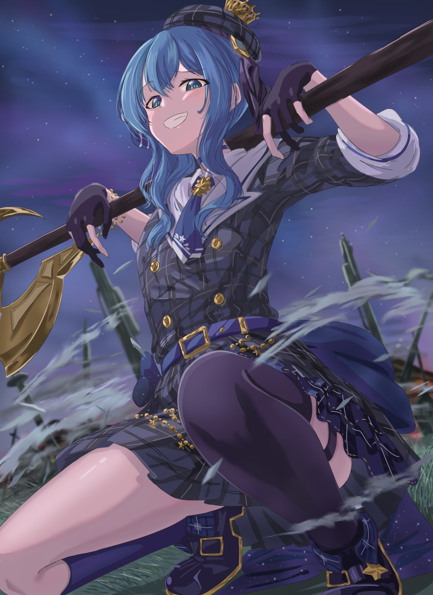 1girl absurdres ankle_boots ascot asuka_panda777 asymmetrical_legwear axe battle_axe belt beret black_gloves black_thighhighs blue_ascot blue_belt blue_choker blue_eyes blue_hair blush boots choker commentary_request crown dress gloves grass grey_hat hair_between_eyes hat high_heel_boots high_heels highres holding holding_polearm holding_weapon hololive hoshimachi_suisei hoshimachi_suisei_(1st_costume) jacket jewelry kneehighs looking_at_viewer mini_crown multiple_weapons nebula night night_sky open_mouth outdoors over_shoulder partial_commentary partially_fingerless_gloves plaid_clothes plaid_dress plaid_hat plaid_jacket polearm ribbon single_thighhigh sky smile smirk smoke smoke_trail smug socks solo spread_legs squatting star_(sky) star_(symbol) star_choker star_in_eye starry_sky symbol_in_eye thigh_strap thighhighs thighs uneven_legwear virtual_youtuber weapon weapon_over_shoulder