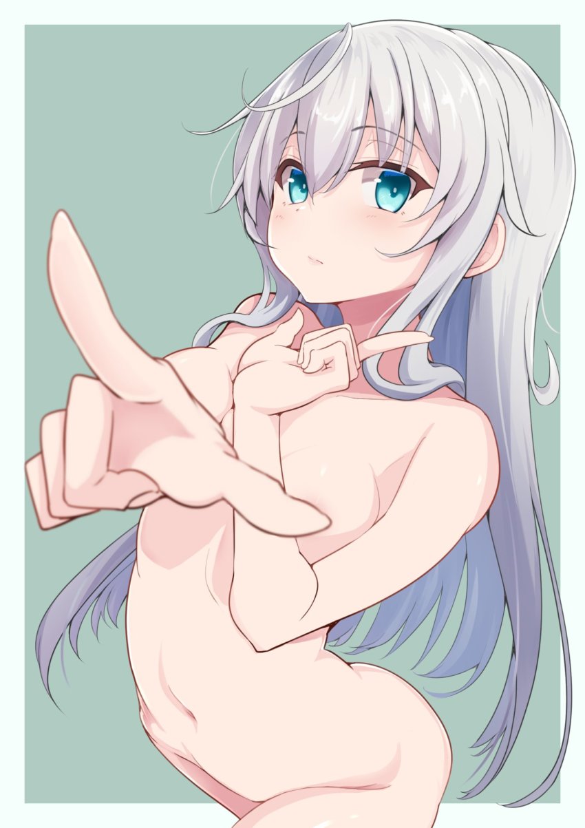 1girl areola_slip blue_eyes blurry blush breasts censored censored_nipples completely_nude convenient_arm convenient_censoring depth_of_field foreshortening green_background hair_between_eyes hibiki hibiki_(kancolle) highres kantai_collection long_hair myht navel nude outside_border pointing pointing_at_viewer silver_hair simple_background small_breasts solo standing very_long_hair