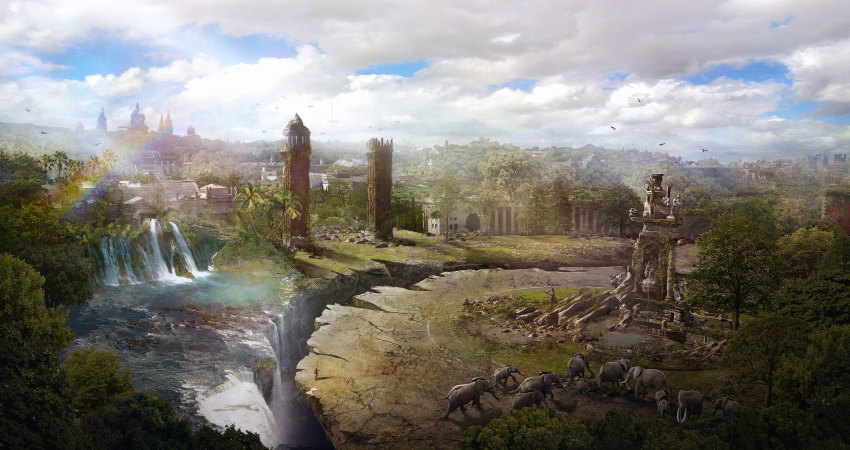 barcelona bird building cloud column commentary day elephant guillem_h_pongiluppi highres lens_flare monument moss no_humans original outdoors pillar rainbow ruins scenery sky statue sunlight tower water waterfall