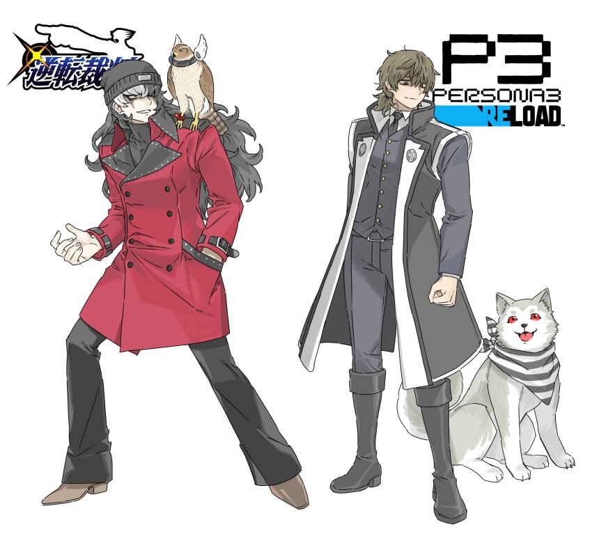 2boys ace_attorney aragaki_shinjirou aragaki_shinjirou_(cosplay) beanie bird black_footwear black_hair black_necktie black_pants black_shirt black_vest brown_eyes brown_feathers brown_footwear brown_hair clenched_hand coat cosplay crossover dog fake_wings feathers full_body grey_eyes grey_fur hair_down hand_in_pocket hat hawk highres koromaru_(persona) logo low_ponytail male_focus multicolored_hair multiple_boys necktie one_eye_closed pants persona persona_3 phoenix_wright:_ace_attorney_-_dual_destinies red_coat red_eyes shirt short_hair simon_blackquill simon_blackquill_(cosplay) smile streaked_hair taegi_(woghkg) turtleneck two-tone_hair vest white_background white_hair wings