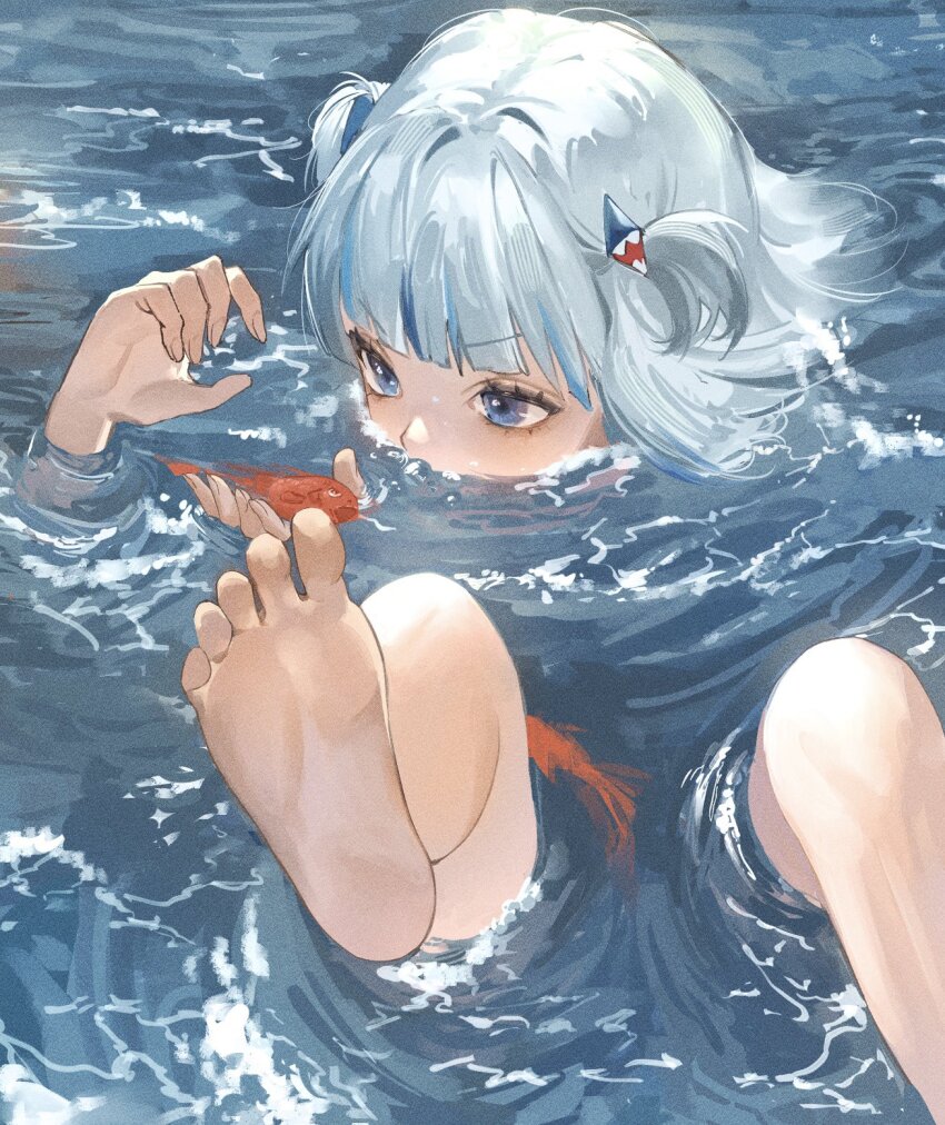 1girl afloat barefoot blue_eyes blue_hair blunt_bangs feet foot_focus gawr_gura hair_ornament hashtag-only_commentary highres hololive hololive_english in_water koi multicolored_hair ocean partially_submerged ripples shark_girl shark_hair_ornament short_twintails soles solo streaked_hair toes twintails two-tone_hair two_side_up virtual_youtuber water waves white_hair zuraa_(naunau_seijin)