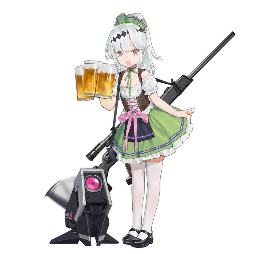 1girl aged_down alcohol beer beer_mug black_footwear brown_vest cancer_(zjcconan) choker cross-laced_vest cup diamond_hair_ornament dinergate_(girls&#039;_frontline) dirndl flat_chest frilled_choker frills full_body german_clothes girls&#039;_frontline green_ribbon green_skirt grey_eyes gun h&amp;k_psg1 hair_ornament hair_ribbon highres holding holding_cup long_hair looking_at_viewer mary_janes mug non-humanoid_robot official_alternate_costume official_art one-eyed open_mouth pink_eyes ponytail psg-1_(beer-drinking_canis_minor)_(girls&#039;_frontline) psg-1_(girls&#039;_frontline) ribbon rifle robot sangvis_ferri scope shoes short_sleeves simple_background skindentation skirt sniper_rifle solo standing tail tail_wagging thighhighs third-party_source transparent_background vest weapon white_hair white_thighhighs