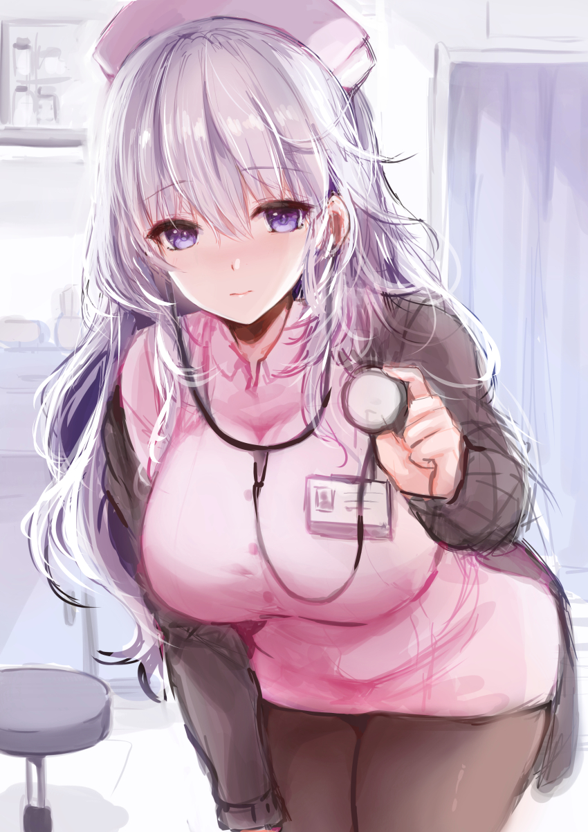 1girl 3: absurdres black_jacket black_pantyhose breasts cleavage cowboy_shot dress hand_on_own_thigh hat highres holding holding_stethoscope id_card jacket large_breasts long_hair looking_at_viewer mafuyu_(kanden_shoujyo) name_tag nurse nurse_cap open_clothes open_jacket original pantyhose pink_dress purple_eyes short_dress solo stethoscope stool wavy_hair white_hair yuuri_(mafuyu)