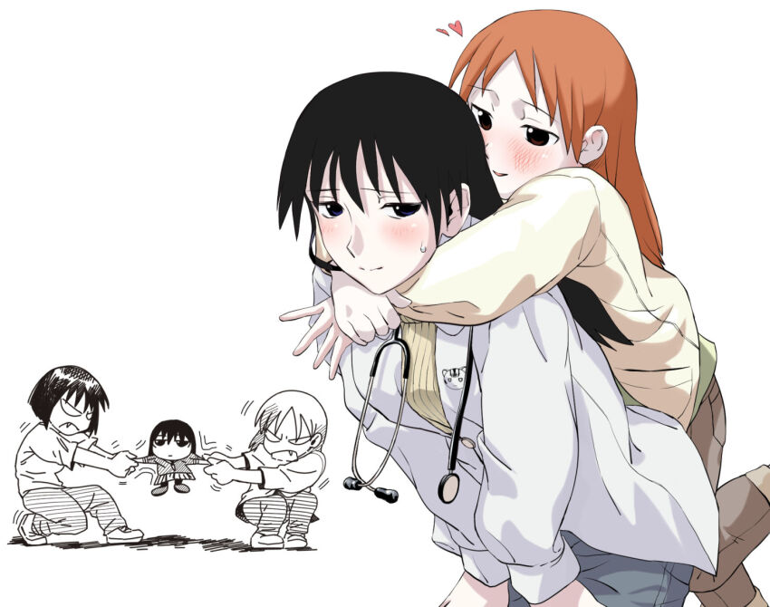 4girls aged_up arm_around_neck azumanga_daiou black_eyes black_hair blank_eyes blush chibi chibi_inset closed_mouth fang heart jacket kaori_(azumanga_daioh) kozuehikaru leaning_forward long_hair long_sleeves looking_at_another looking_at_viewer mihama_chiyo multiple_girls open_mouth orange_hair pants pulling sakaki_(azumanga_daioh) shirt simple_background smile stethoscope sweater white_background yuri