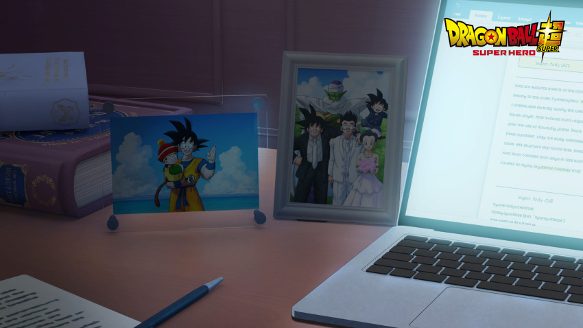 desk dragon_ball dragon_ball_super dragon_ball_super_super_hero dress father_and_son highres husband_and_wife photos piccolo son_gohan son_goku son_goten tagme videl wedding wedding_dress