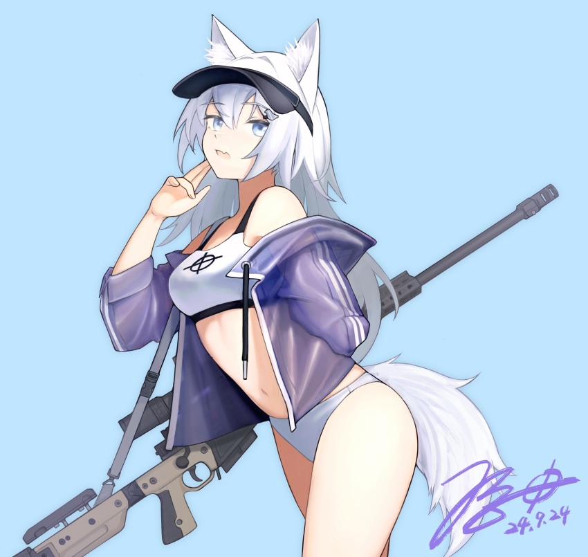 1girl absurdres accuracy_international ai_ax_rifle animal_ear_fluff animal_ears arm_behind_back bent_over bikini bikini_bottom_only black_visor blue_background blue_eyes blue_jacket bolt_action breasts buckle chinese_commentary crop_top cropped_jacket dated fang fingerless_gloves fox_ears fox_girl fox_tail gloves gun gun_sling hand_up highres jacket jerry_wang long_hair magazine_(weapon) medium_breasts midriff muzzle_device navel open_clothes open_jacket open_mouth original rifle scope see-through_clothes shirt signature simple_background skin_fang sleeves_past_elbows snap-fit_buckle sniper_rifle string_pull swimsuit tail thighs upper_body vertical-striped_sleeves visor_cap weapon white_bikini white_hair white_shirt