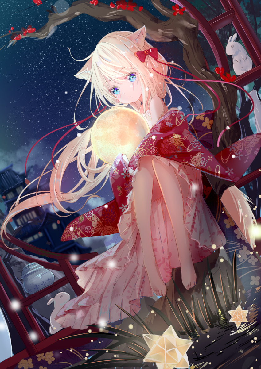 1girl absurdres animal_ear_fluff animal_ears bare_tree barefoot blonde_hair blue_eyes blush bow closed_mouth floating_hair flower fox_ears frilled_kimono frills hair_bow highres japanese_clothes kimono long_hair long_sleeves looking_at_viewer night night_sky original peas_(peas0125) red_bow red_flower red_kimono sitting sky sleeves_past_fingers sleeves_past_wrists solo star_(sky) starry_sky tail tree very_long_hair