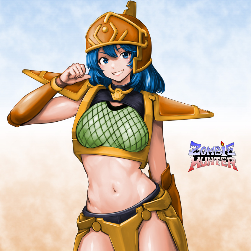 1girl arm_behind_back arm_guards armor blue_eyes blue_hair breasts copyright_name cowboy_shot grin hair_between_eyes hand_up helmet highres medium_breasts medium_hair minamoto80486 navel pauldrons shoulder_armor smile solo teeth zombie_hunter_(1987)