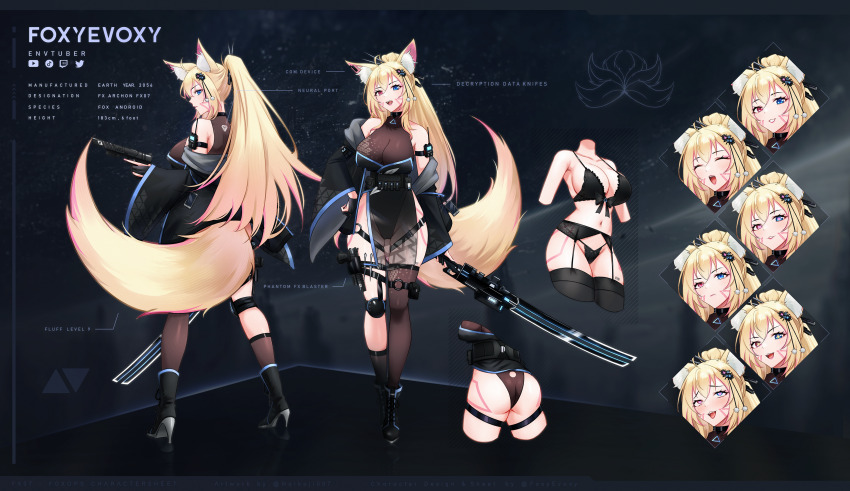 1girl absurdres ahegao android animal_ear_fluff animal_ears ass bad_link barcode barcode_tattoo black_thighhighs blonde_hair blue_eyes boots breasts character_sheet cleavage detached_sleeves evoxy fox_ears fox_girl fox_tail gun hair_ornament hair_stick handgun heart heart-shaped_pupils heterochromia high_heel_boots high_heels highres holding holding_sword holding_weapon holster indie_virtual_youtuber knee_pads large_breasts long_hair looking_at_viewer naisewow official_art red_eyes second-party_source skindentation smile solo star-shaped_pupils star_(symbol) sword symbol-shaped_pupils tail tattoo thigh_holster thighhighs very_long_hair virtual_youtuber weapon