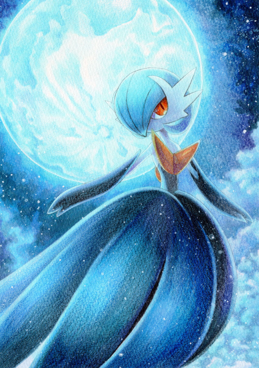 1girl absurdres alternate_color bare_shoulders black_dress black_gloves blue_hair blue_moon blue_sky blue_theme bob_cut cloud colored_skin creatures_(company) dress elbow_gloves female_focus flat_chest full_body full_moon game_freak gardevoir gen_3_pokemon gloves hair_over_one_eye highres long_dress looking_at_viewer marker_(medium) mega_gardevoir mega_pokemon moon moonlight night nintendo no_mouth one_eye_covered orange_eyes outdoors pokemon pokemon_(creature) shiny_pokemon short_hair sky solo standing star_(sky) strapless strapless_dress traditional_media white_skin yuka_(yukaaaaaaa0705)