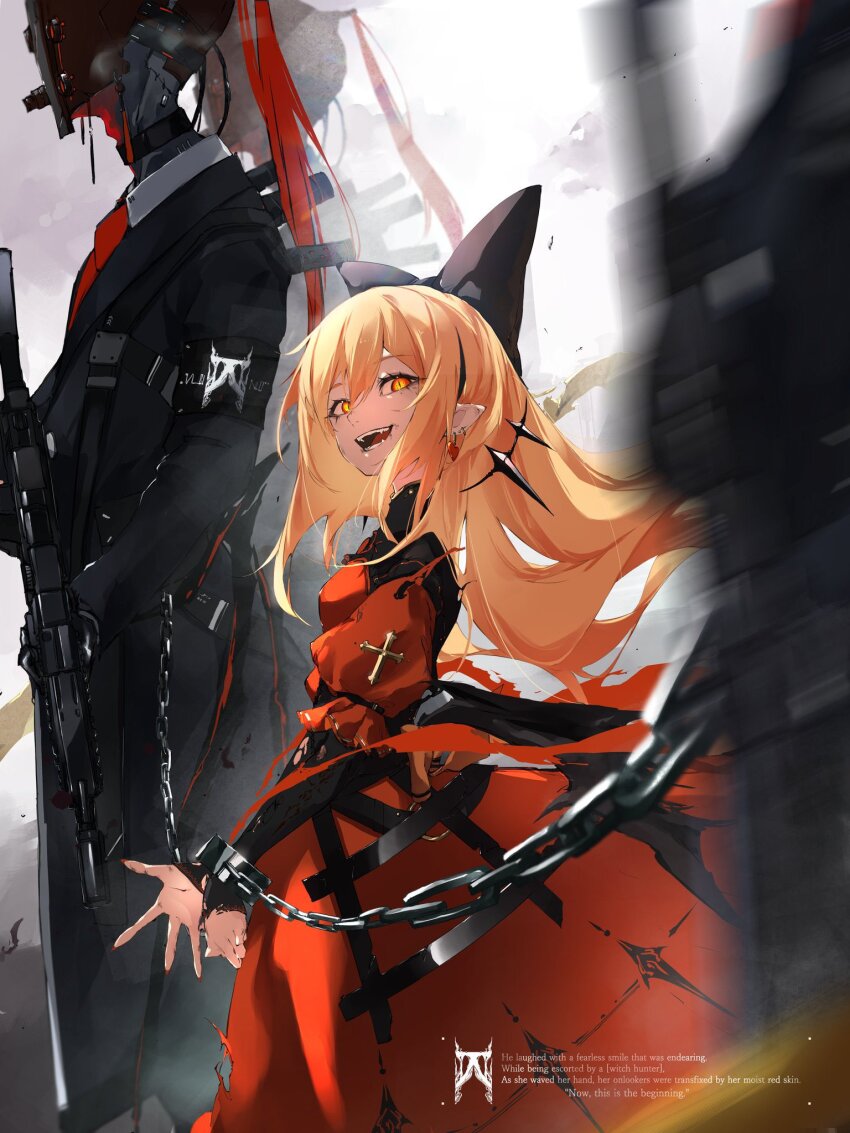 1girl 1other blonde_hair chain chained daichi dress fangs fingernails helmet highres holding holding_weapon looking_at_viewer necktie open_mouth original sharp_fingernails smile weapon yellow_eyes