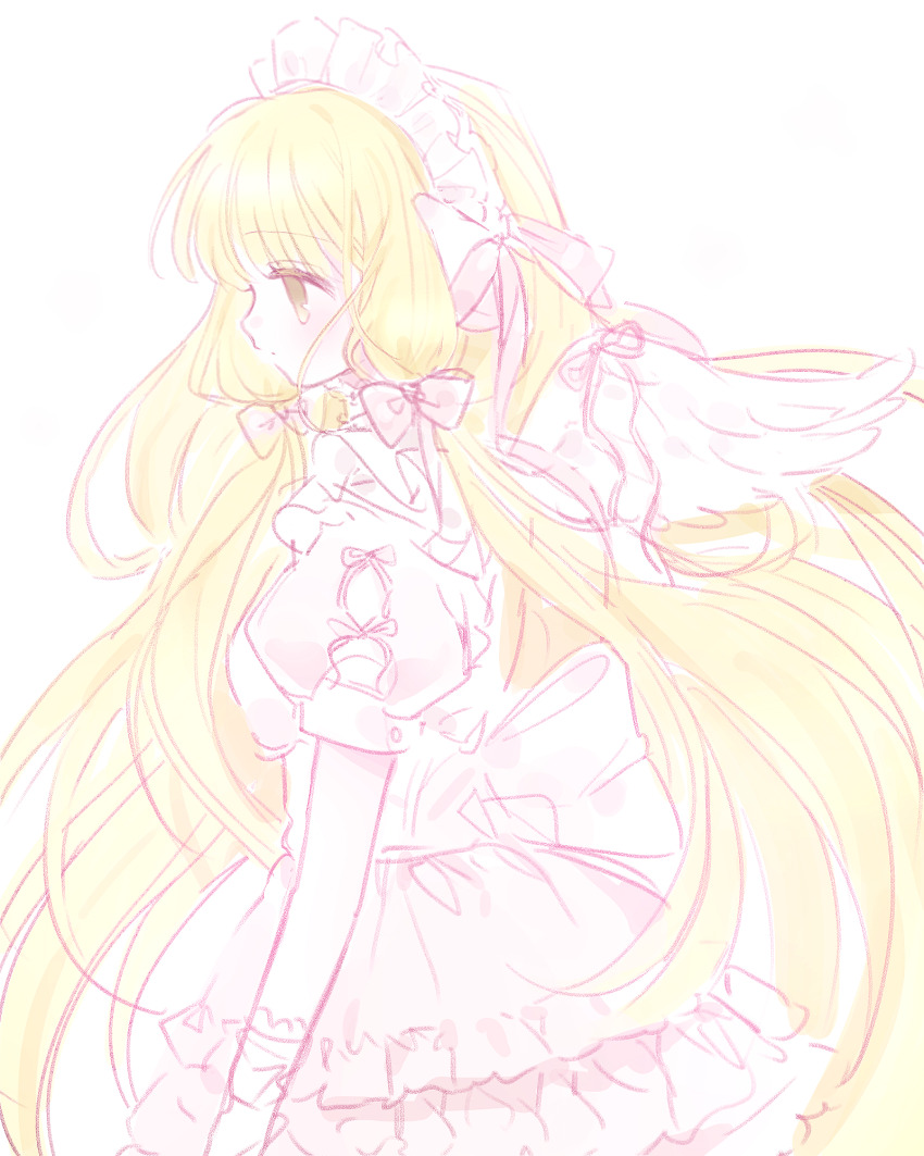 1girl android angel_wings animal_ears blonde_hair bow brown_eyes chii chobits commentary dress frilled_dress frills from_side hair_bow hairband highres lolita_fashion lolita_hairband long_hair low-tied_sidelocks mipi_(u3u_00) pastel_colors pink_dress profile puffy_short_sleeves puffy_sleeves robot_ears robot_girl short_sleeves simple_background sketch solo sweet_lolita symbol-only_commentary upper_body very_long_hair white_background white_hairband wings