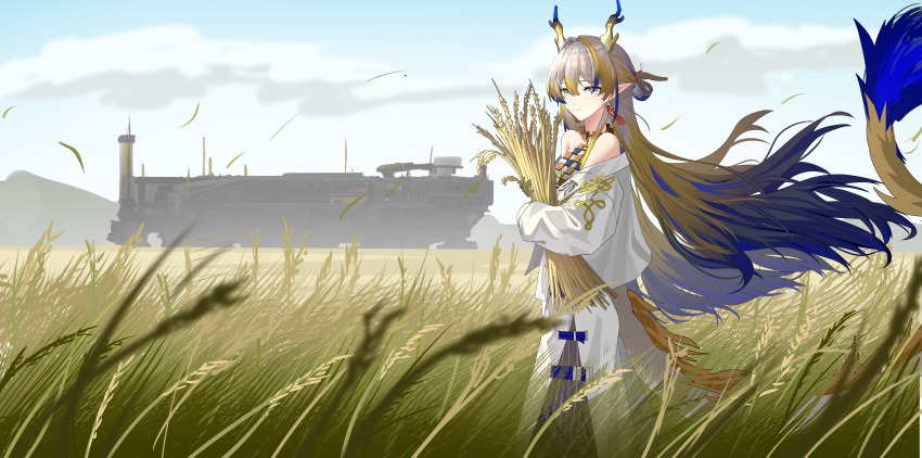 1girl absurdres arknights bare_shoulders blonde_hair blue_hair closed_mouth commentary day dragon_girl dragon_horns dragon_tail earrings grey_eyes grey_hair hair_between_eyes hair_intakes highres holding holding_plant horns incredibly_absurdres jacket jewelry kitohosi long_hair long_sleeves looking_at_viewer multicolored_hair necklace off_shoulder outdoors pants plant pointy_ears sheaf shu_(arknights) smile solo standing tail wheat wheat_field white_jacket white_pants wind