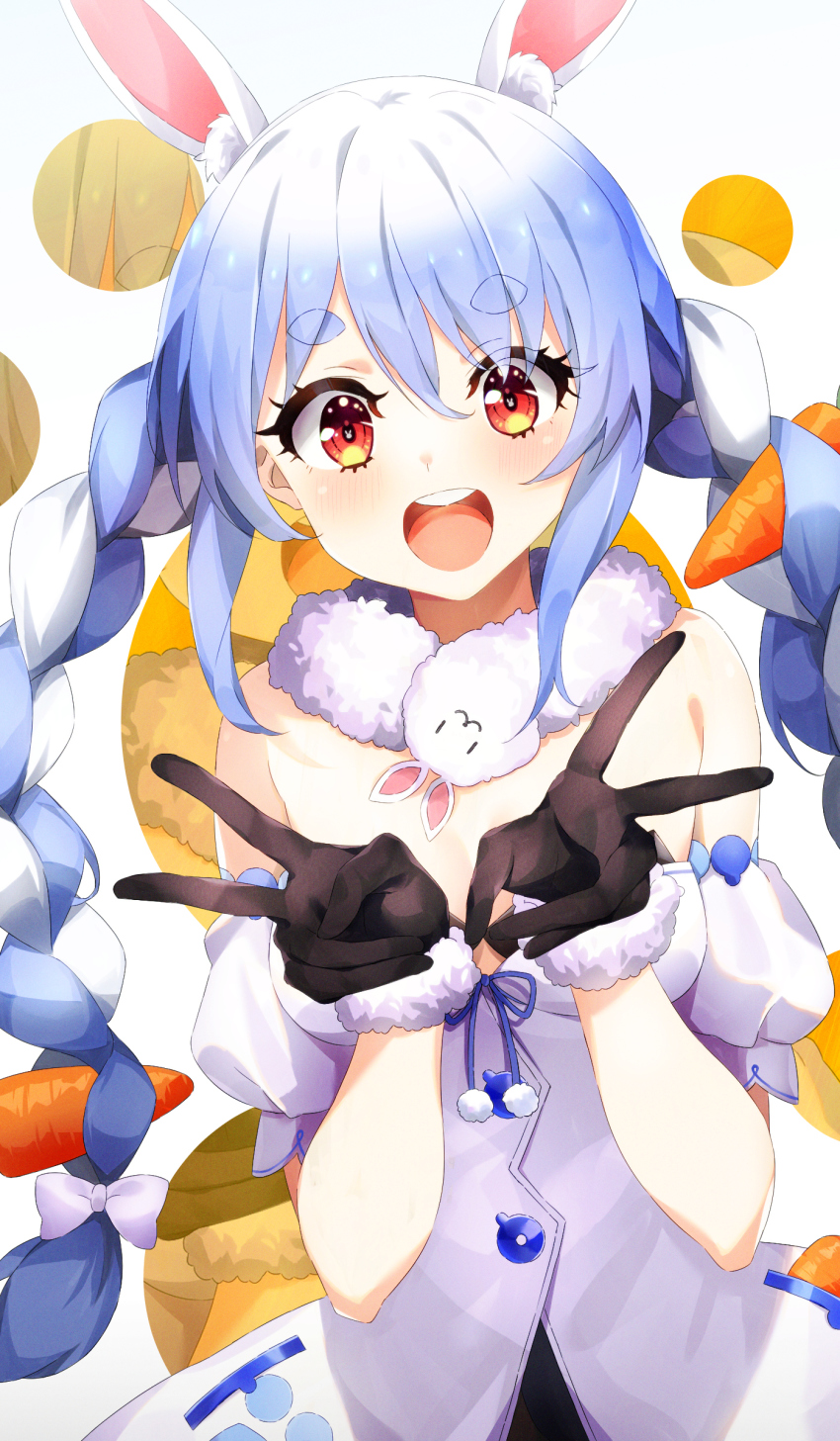 1girl :d absurdres animal_ears black_bra black_gloves blue_hair blush bra braid breasts carrot_hair_ornament coat coat_dress commentary_request detached_sleeves don-chan_(usada_pekora) double_v dress food-themed_hair_ornament fur-trimmed_coat fur-trimmed_gloves fur_scarf fur_trim gloves hair_between_eyes hair_ornament hands_up hazuki_yuzuru highres hololive long_hair medium_breasts multicolored_hair open_mouth orange_eyes puffy_detached_sleeves puffy_short_sleeves puffy_sleeves rabbit-shaped_pupils rabbit_ears rabbit_girl scarf short_eyebrows short_sleeves sidelocks smile solo strapless strapless_coat strapless_dress symbol-shaped_pupils teeth thick_eyebrows twin_braids twintails two-tone_hair underwear upper_body upper_teeth_only usada_pekora usada_pekora_(1st_costume) v virtual_youtuber white_coat white_hair white_scarf white_sleeves