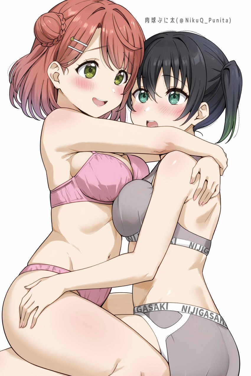 2girls :d absurdres arms_around_neck artist_name asymmetrical_docking black_hair blunt_bangs blush bra breast_press breasts bun_with_braided_base cleavage clothes_writing commentary_request feet_out_of_frame gradient_hair green_eyes green_hair grey_bra grey_panties hair_between_eyes hair_bun hair_intakes hair_ornament hairclip half_updo highres hug looking_at_another love_live! love_live!_nijigasaki_high_school_idol_club medium_breasts medium_hair multicolored_hair multiple_girls nikuq_punita open_mouth panties pink_bra pink_hair pink_panties simple_background single_side_bun smile straddling swept_bangs takasaki_yu teeth twintails twitter_username two-tone_hair uehara_ayumu underwear underwear_only underwear_writing upper_teeth_only upright_straddle white_background yuri